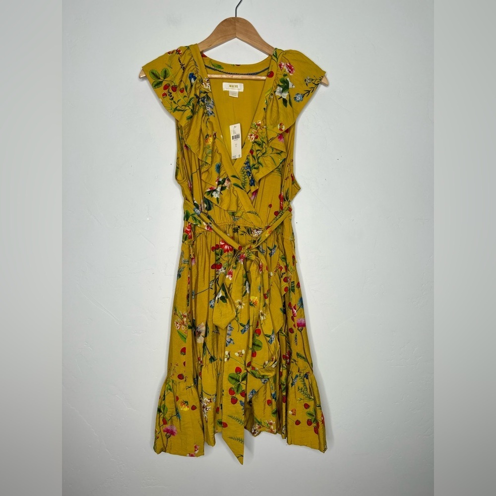 NWT Maeve Yellow Floral Strawberry Faux Wrap Mini Dress Size Large Spring Summer - Picture 2 of 12
